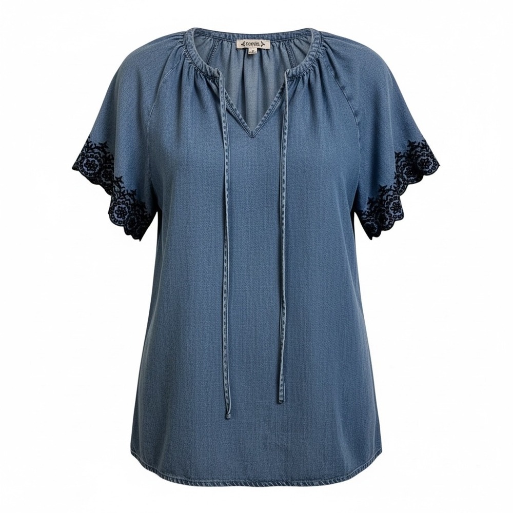 Nanette Lepore Denim Blue Embroidered Sleeve Tie Neck Tunic‎ Top Boho Size S